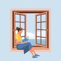 A cute woman is reading a book while sitting near an open window with a landscape. Illustration for a bookstore. Education and recreation concept. vector