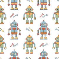 Seamless pattern of cartoon characters robots and droids. Background from cute children's robot toys. vector