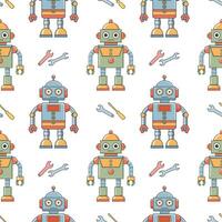 Seamless pattern of cartoon characters robots and droids. Background from cute children's robot toys. vector