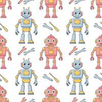 Seamless pattern of cartoon characters robots and droids. Background from cute children's robot toys. vector