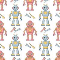 Seamless pattern of cartoon characters robots and droids. Background from cute children's robot toys. vector