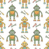 Seamless pattern of cartoon characters robots and droids. Background from cute children's robot toys. vector