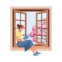 linda mujer leyendo un libro mientras sentado cerca un abierto ventana con un paisaje. antecedentes para un librería. educación y recreación concepto. vector