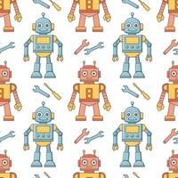 Seamless pattern of cartoon characters robots and droids. Background from cute children's robot toys. vector