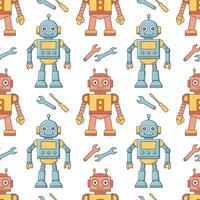 Seamless pattern of cartoon characters robots and droids. Background from cute children's robot toys. vector