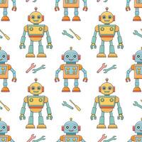 Seamless pattern of cartoon characters robots and droids. Background from cute children's robot toys. vector