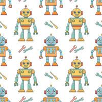 Seamless pattern of cartoon characters robots and droids. Background from cute children's robot toys. vector