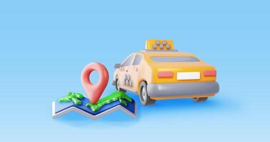 3D taxi car sedan and paper map isolated. Render yellow taxi cab and folded map. Call or app taxi concept. City transport service. Urban transportation concept. vector