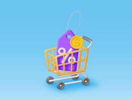 3d shopping cart and price tag with percentage symbol. Render realistic shopping basket and colorful discount voucher or coupon. Sale discount clearance. Online retail shopping. vector