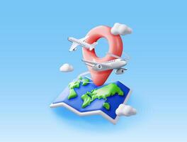 3D airplane in clouds and paper map. Render world travelling by plane. World map with location pin. Time to travel concept, holiday planning. Tourist worldwide transportation. vector