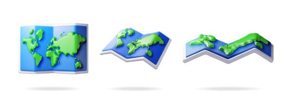 3D set of cartoon folded world map isolated. Render collection of world map. Planet icon. Cartography and geography. Earth day, Holiday and travel, GPS location navigation service. vector