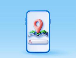 3D location folded paper map, search bar and pin on mobile phone. Red GPS pointer marker icon. Render GPS and navigation symbol. Element for map, social media mobile app. vector