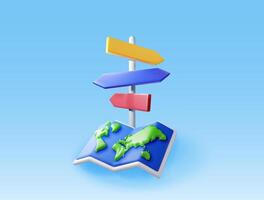 3D folded world map and signpost with directions isolated. Render world map, signboard or guidepost. Cartography and geography. Holiday and travel, GPS location navigation service. vector