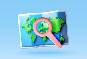 3D Location folded paper map with magnifying glass isolated. Render GPS map and search loupe icon. GPS and navigation symbol. Element for map, social media, mobile apps vector