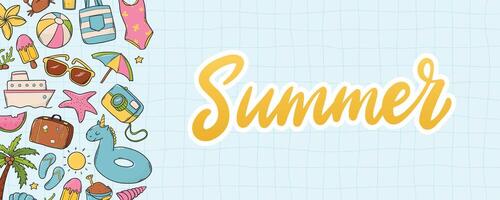 summer horizontal banner decorated with lettering quote and border of doodles on blue background. Card, poster, social meadi banner, invitation template with copy space. EPS 10 vector