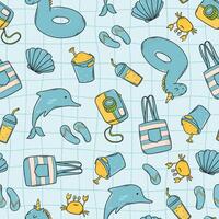 summer seamless pattern with hand drawn doodles on blue background for nursery textile prints, scrapbooking, stationary, wallpaper, backgrounds, wrapping paper, etc. EPS 10 vector