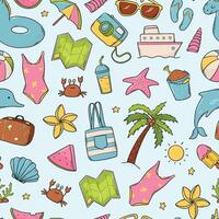 Summer doodles nursery pattern, wallpaper, background, wrapping paper, textile print. Summer seamless surface pattern with hand drawn cartoon elements. EPS 10 vector