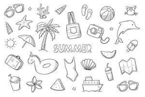 Summer doodles collection, cartoon elements clipart, travel objects for coloring pages, stickers, prints, cards, icons, etc. EPS 10 vector