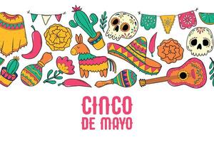 Cinco de mayo banner with lettering quote and border of doodles. Good for prints, invitations, cards, posters, flyers, templates, etc. EPS 10 vector