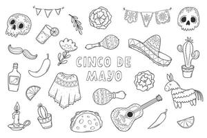 Cinco de Mayo monochrome doodles collection, clip art set, cartoon elements for coloring books, prints, cards, stationary, stickers, etc. EPS 1 vector