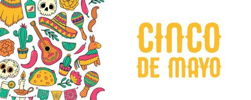 Cinco de Mayo horizontal banner with border of doodles and lettering quote on white background. Social media covers, sale leafles, prints, invitations, templates, etc. EPS 10 vector