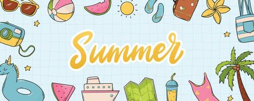 Summer horizontal banner with frame of doodles and lettering quote. Good for prints, posters, templates, sales, cards, etc. EPS 10 vector