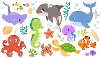 Sea life elements set. Hand draw doodle cartoon set of marine life objects for your design. vector