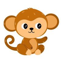 Cute cartoon monkey. Childish illustration flat style. Sitting monkey. For poster, greeting card, baby design. vector