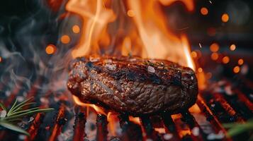 Grilled beefsteak on a BBQ with fire, closeup, juicy, isolated photo