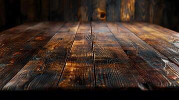 Real wood table top texture on dark room interior design background. photo
