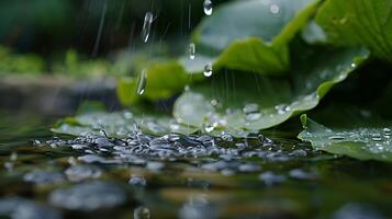 water falls from green leaf to water , photo