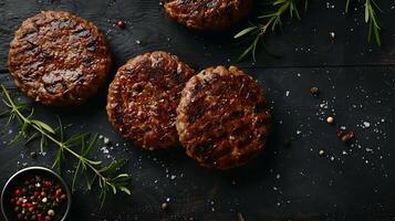 cooked hamburger meat on a dark background, top view photo