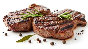 grilled beef steaks with spices isolated on white background photo
