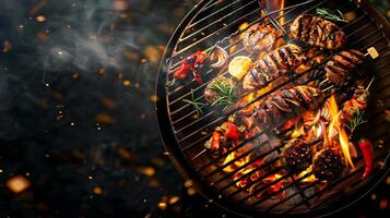 open flaming charcoal grill with various food items cooking on it, showcasing a summer grilling barbecue session with copy space photo