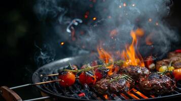 open flaming charcoal grill with various food items cooking on it, showcasing a summer grilling barbecue session with copy space photo