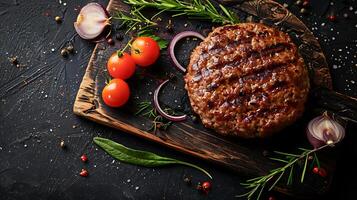 cooked hamburger meat on a dark background, top view photo