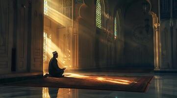 Muslim man praying in the mosque photo