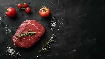 Fresh and Juicy Raw Beef Steak on dark wooden table background, Top View for an Up-Close Look photo