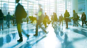 blurred crowd of business people walking in bright green eco office lobby fast moving photo