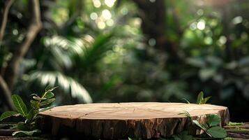 tree trunk wood podium display for food perfume and other products on nature background farm with grass and tree sunlight at morning , photo