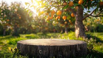 árbol maletero madera podio monitor para comida perfume y otro productos en naturaleza antecedentes granja con césped y árbol luz de sol a Mañana , foto