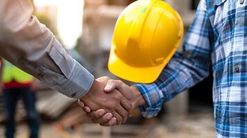 Man holding hard hat are shake hand on site construction concept teamwork business worker photo