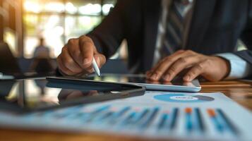 Close up businessman hand using tablet and pointing on summary report at office. Male businessman reviews a summary report on tablet. photo