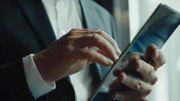 Close up businessman hand using tablet and pointing on summary report at office. Male businessman reviews a summary report on tablet. photo