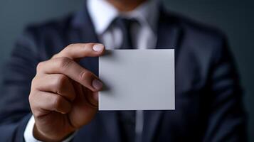 Close up hand of Businessman holding blank white card in studio photo