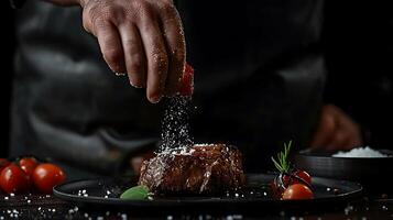 el concepto de Cocinando carne. el cocinero cocinar sal en el cocido filete en un negro antecedentes foto