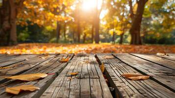 Empty wooden table in autumn park on sunny day , photo