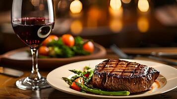 delicious beef meat steak in a restaurant with a glass of wine for dinner photo