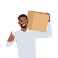 Young man smiling delivery man holding a package box. vector