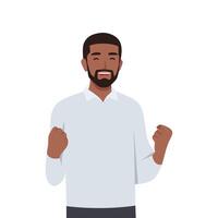 Young black man successful with clenched fists rejoices at success. vector